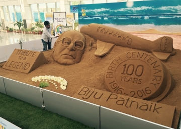 Sand Art at Biju Patnaik International Airport on Biju Centenary
