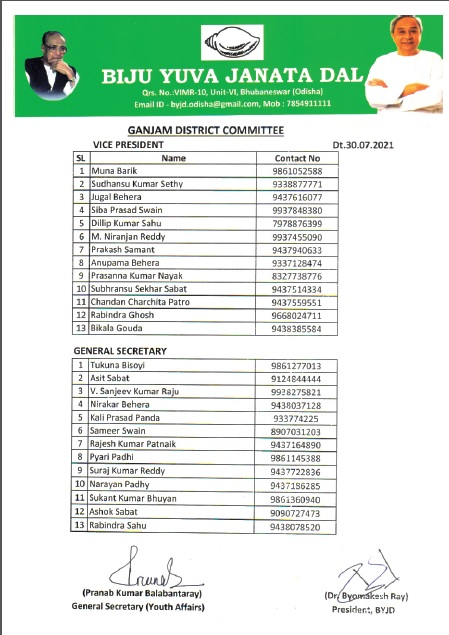 New appointments in Ganjam District Committee of Youth BJD